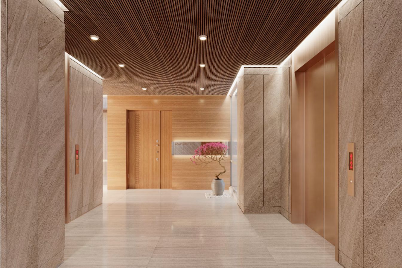 Residential building lobby with stone walls and wood ceiling
